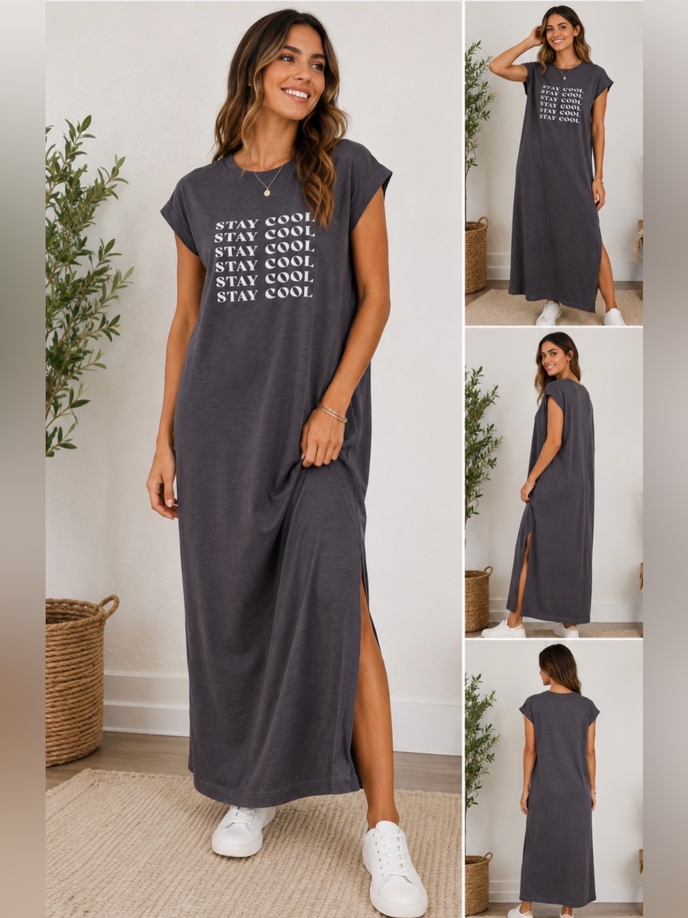 Free People Banner day Gray Stay Cool Graphic Maxi Dress Pockets Size Large NWT